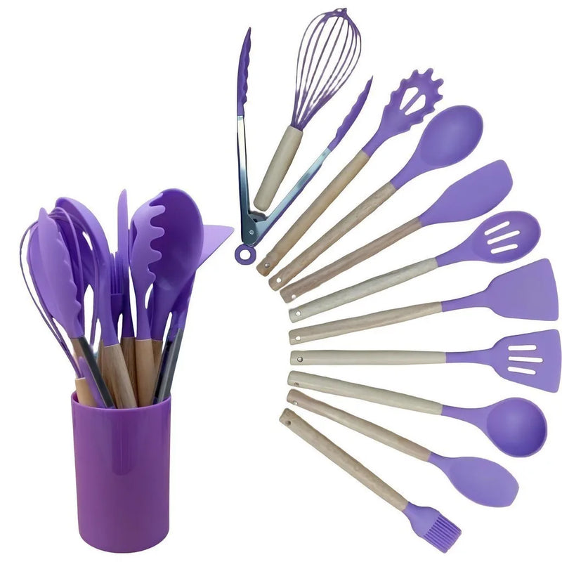 Jogo de Cozinha Kit C/12 Peças de Silicone, Utensílios e Copo Suporte para Cozinha Cabo de Madeira