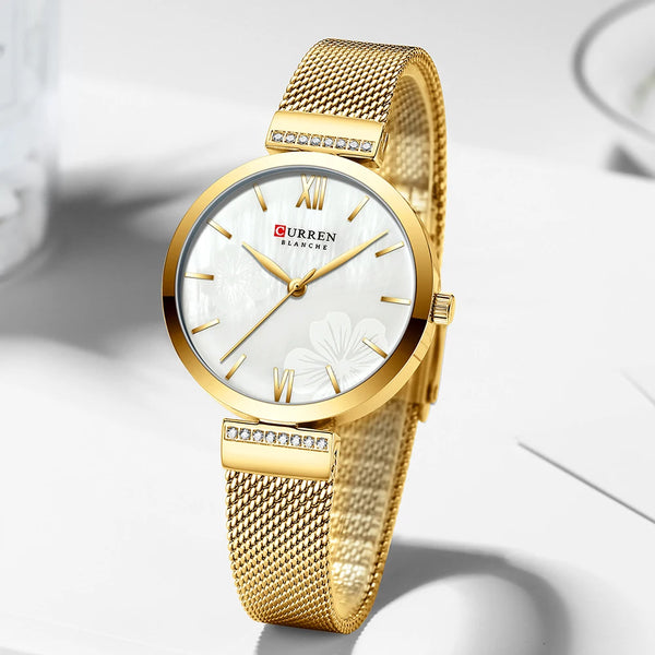 Relógio de pulso de ouro malha senhoras relógios marca luxo curren elegante simples relógio de quartzo pulseira feminina reloj mujer