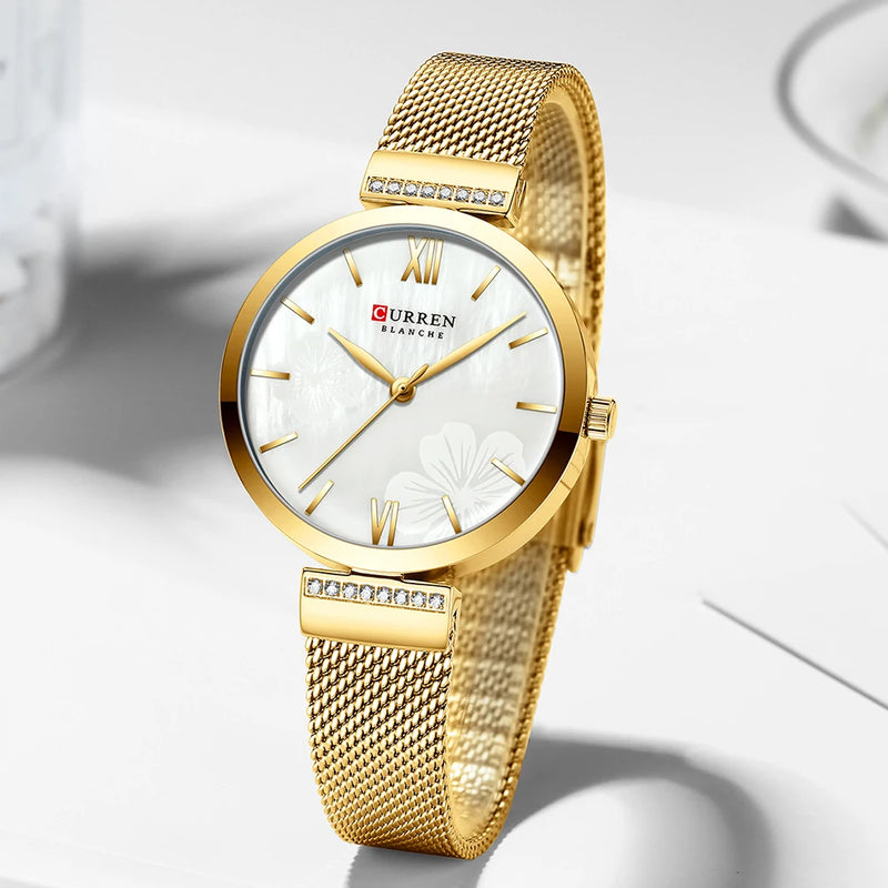 Relógio de pulso de ouro malha senhoras relógios marca luxo curren elegante simples relógio de quartzo pulseira feminina reloj mujer