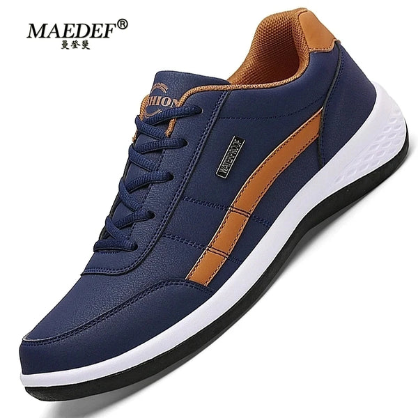 Sapatilha de couro impermeável masculina, sapatos confortáveis casuais, calçado com renda, sapato vulcanizado para homem