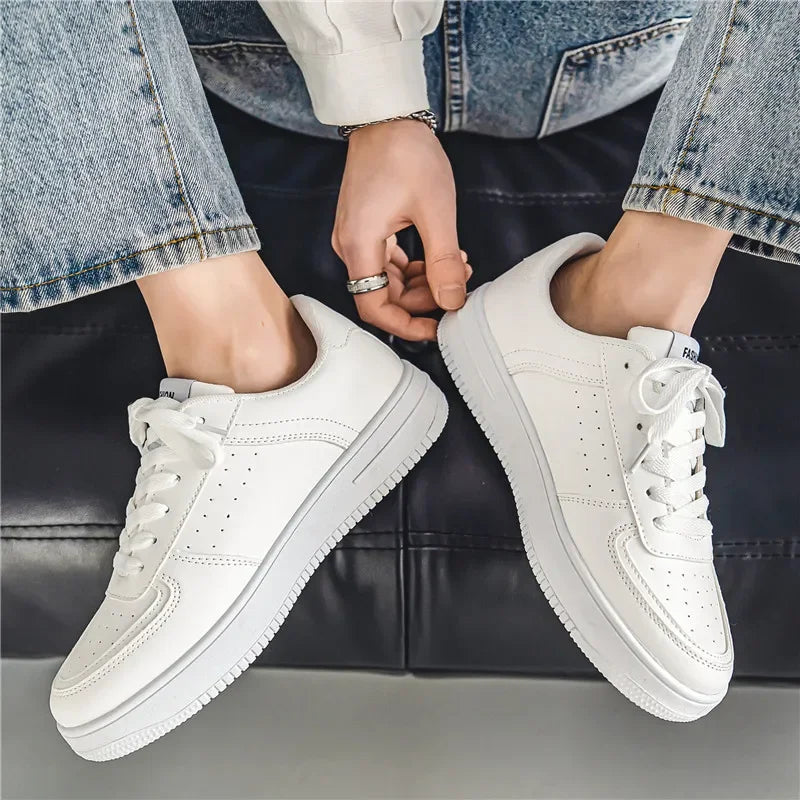 sapatos masculinos verão couro macio respirável adolescente casual versátil sapatos masculinos rendas estudante branco puro tênis